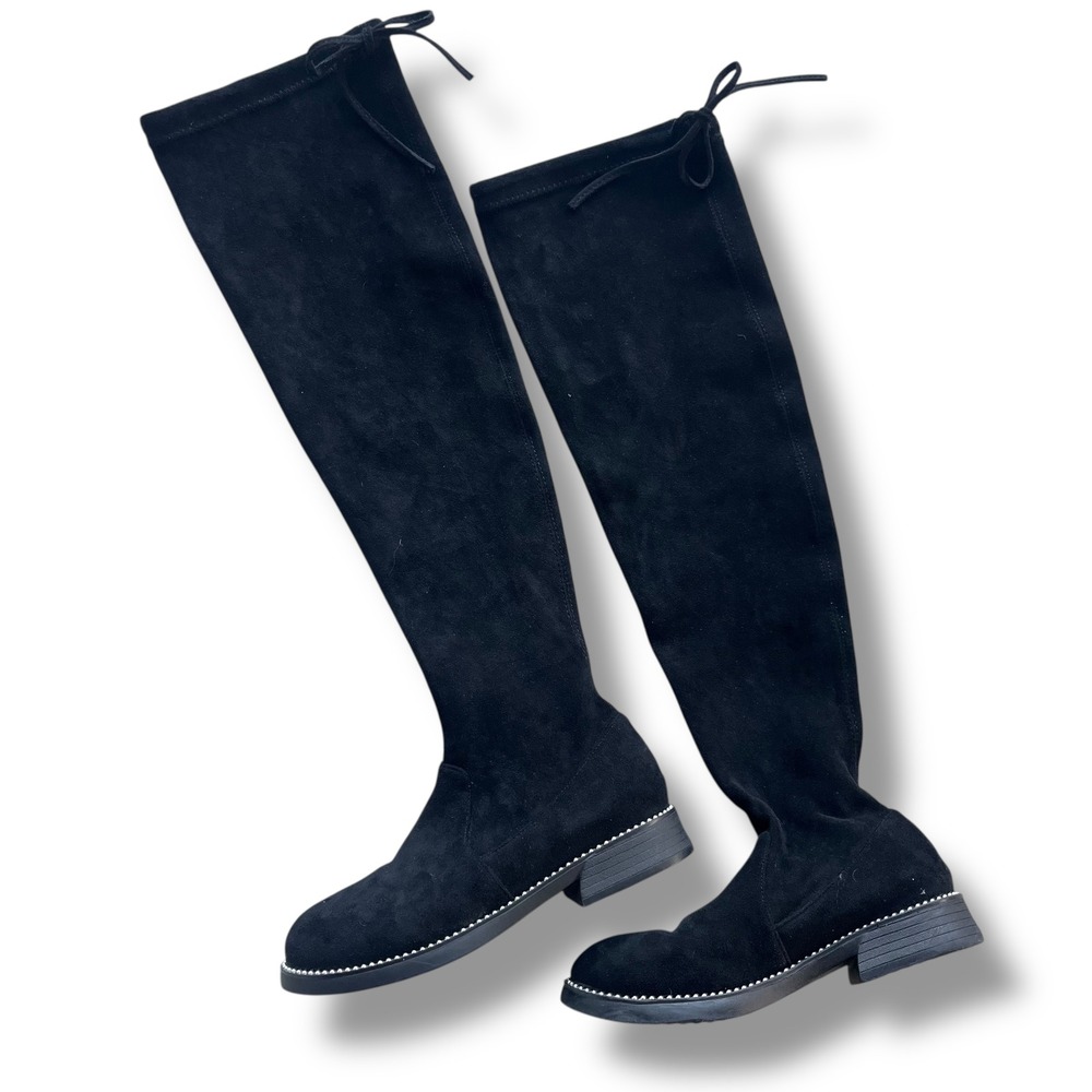 Women 35 Black Stretch Suede Silver Studded Knee High Tie Detail Flat Sole Boots